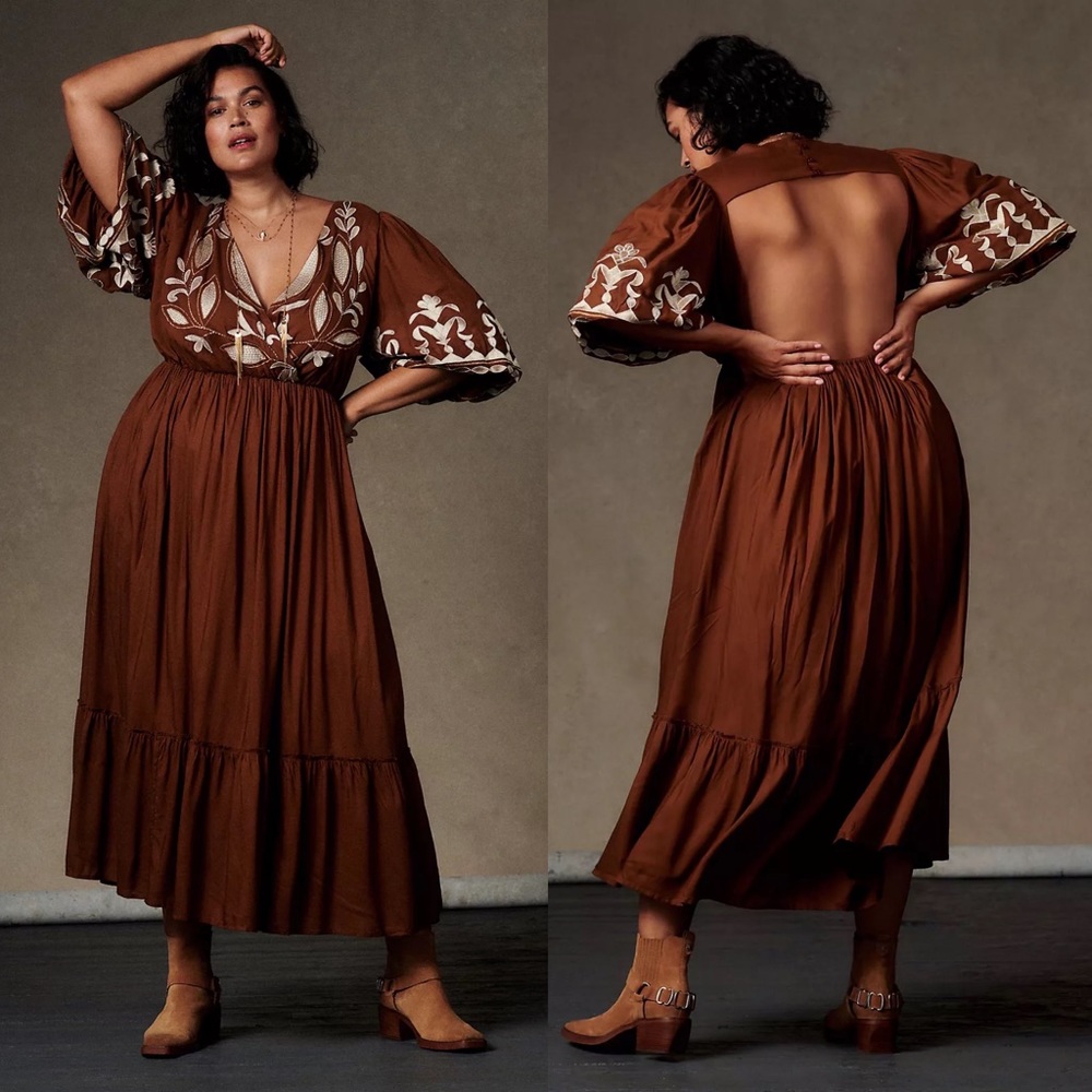 Anthropologie Let Me Be Embroidered Open-Back Maxi Dress Gold 1X